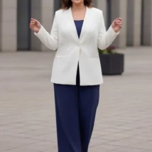 Spodnie damskie Jola: ujęcie z przodu, podkreślające swobodny układ materiału podczas ruchu.