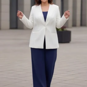Spodnie damskie Jola: ujęcie z przodu, podkreślające swobodny układ materiału podczas ruchu.
