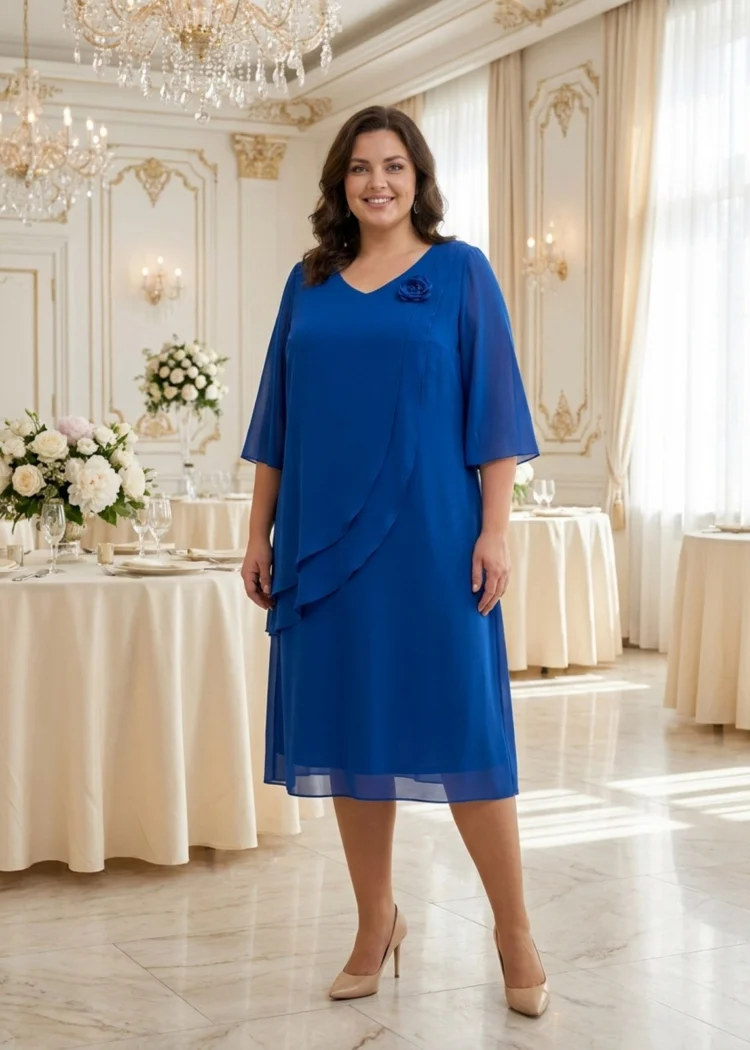 Sukienka prosta midi z asymetryczną falbaną na wesele plus size