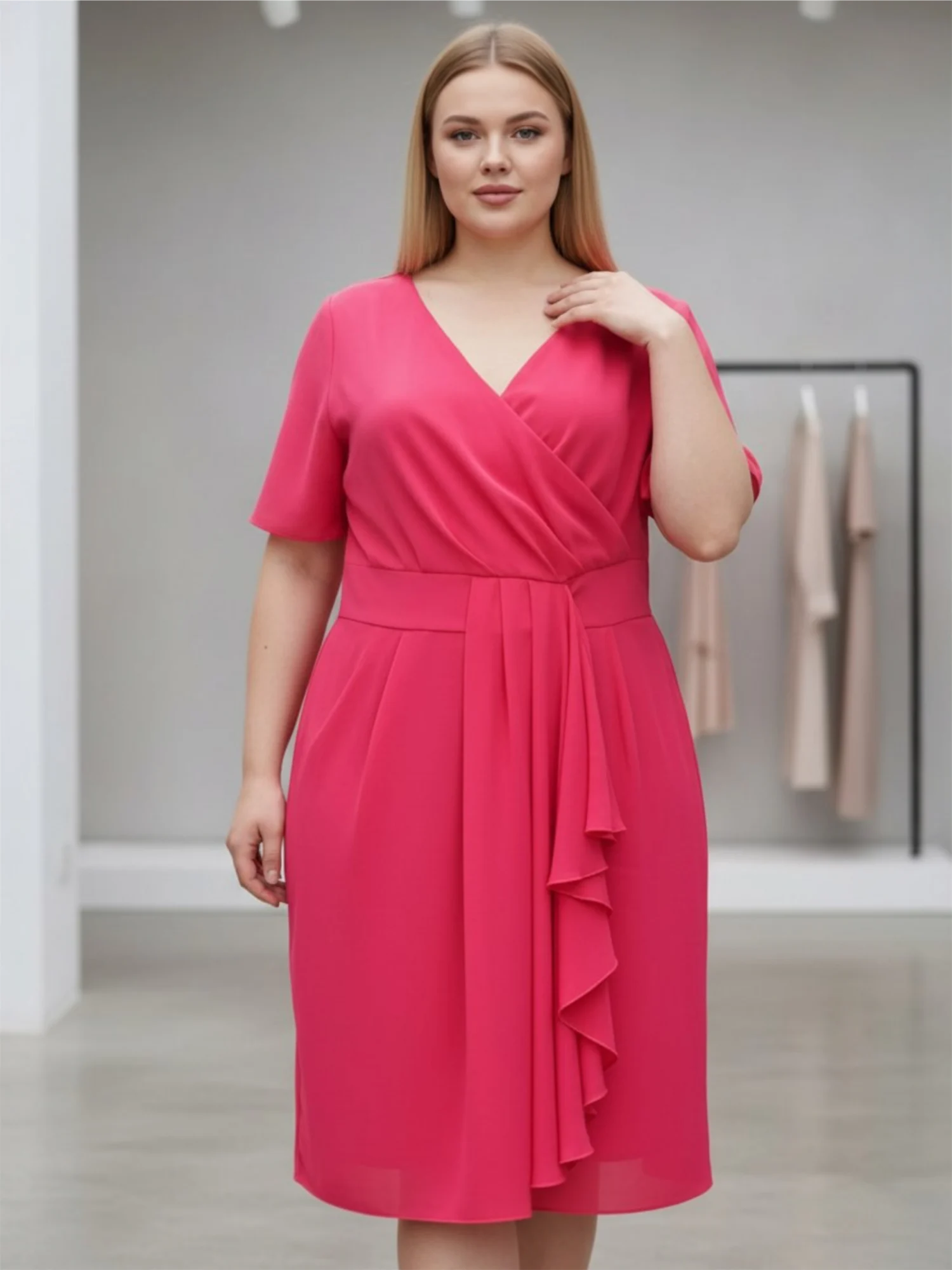 sukienka_kalina_plus_size_fuksja_wyszczuplajaca Sukienka damska Kalina: zbliżenie na górną część sukienki, eksponujące dekolt V i zaznaczoną talię z