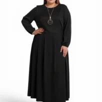 Sukienka Karola, elegancka sukienka damska, widok z przodu, prezentująca długie rękawy i rozkloszowany dół.