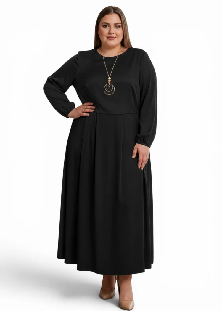 Sukienka Karola, elegancka sukienka damska, widok z przodu, prezentująca długie rękawy i rozkloszowany dół.