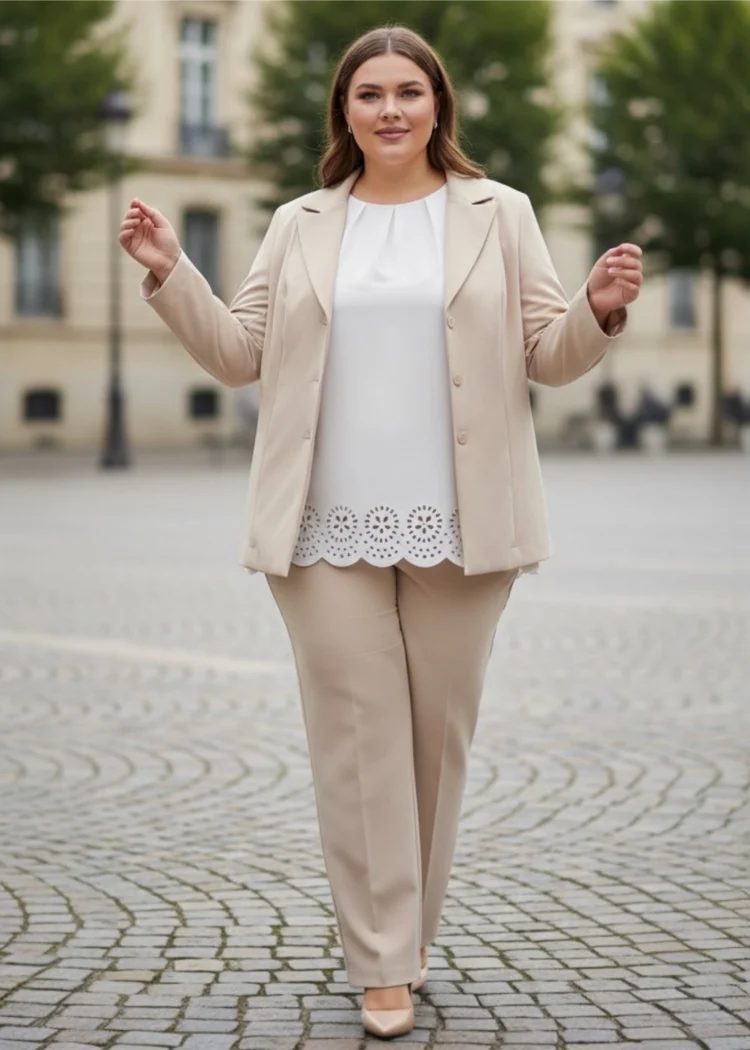 Żakiet Kornelia: ujęcie z przodu, z otwartą marynarką i swobodnym ułożeniem rękawów.