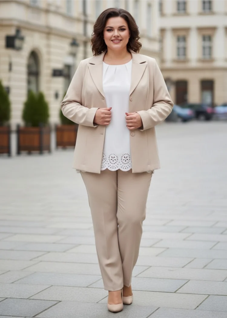 Żakiet Kornelia: widok z przodu, z otwartym żakietem i widocznym kołnierzem z klapami.