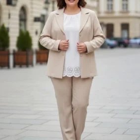 Żakiet Kornelia: widok z przodu, z otwartym żakietem i widocznym kołnierzem z klapami.
