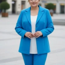 Żakiet Kornelia: zbliżenie na górną część, z otwartym żakietem i detalami kołnierza.