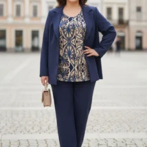 Żakiet Kornelia: pełne ujęcie z przodu, z zapiętą marynarką i układem materiału.