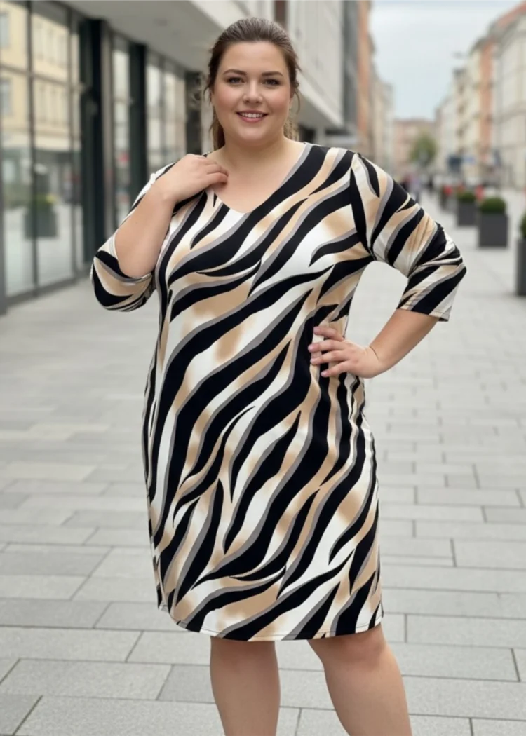 Sukienka damska Klaudia, ujęcie z boku, podkreślające prosty fason i długość do kolan.