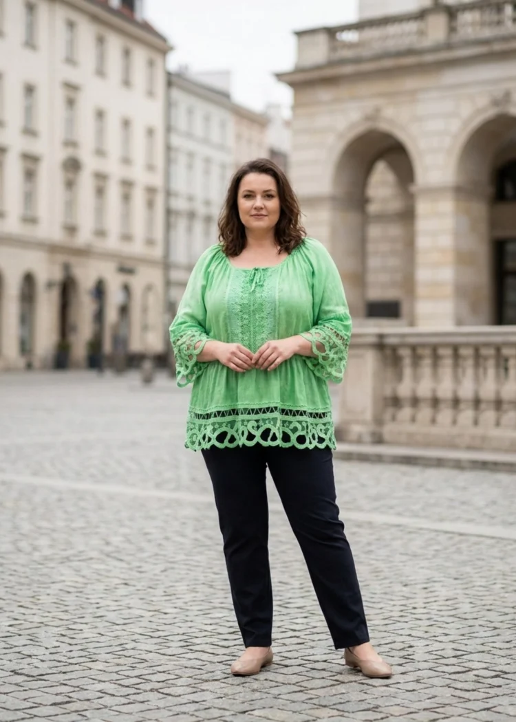 Bluzka rozkloszowana ażurowa z falbaną plus size
