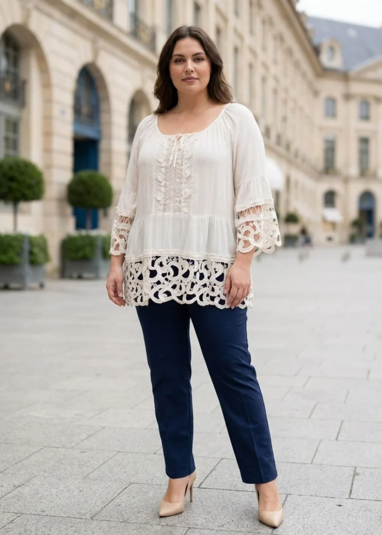 Bluzka rozkloszowana ażurowa z falbaną plus size