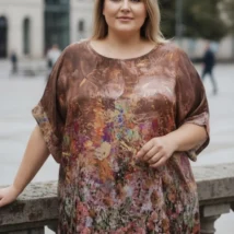Bluzka Klaudia, przód, dekolt w serek, z barwnym, abstrakcyjnym wzorem kwiatowym na beżowym tle. - ujęcie 12
