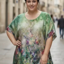 Bluzka Klaudia, przód, zieleń dominująca w tle, z abstrakcyjnym, kolorowym wzorem.