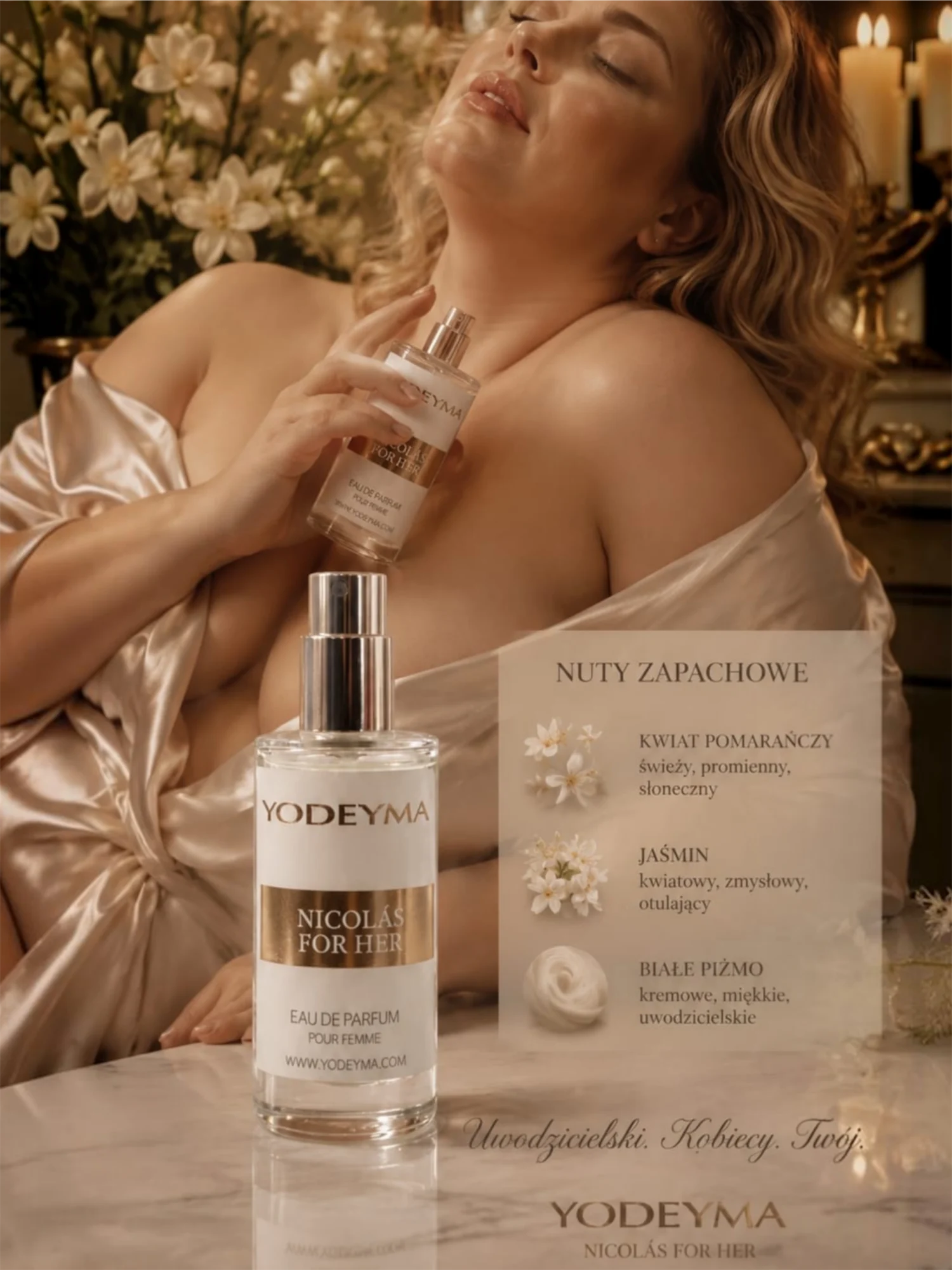 Photoroom_20260710_102923 Perfumy Yodeyma Nicolás For Her, butelka z widocznymi nutami zapachowymi: kwiat pomarańczy, jaśmin i białe