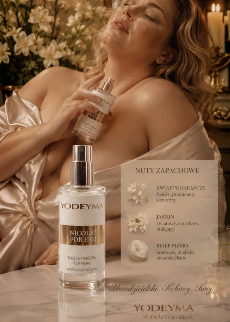 Perfumy Yodeyma Nicolás For Her, butelka z widocznymi nutami zapachowymi: kwiat pomarańczy, jaśmin i białe