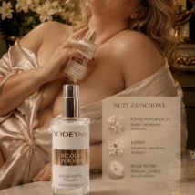 Perfumy Yodeyma Nicolás For Her, butelka z widocznymi nutami zapachowymi: kwiat pomarańczy, jaśmin i białe