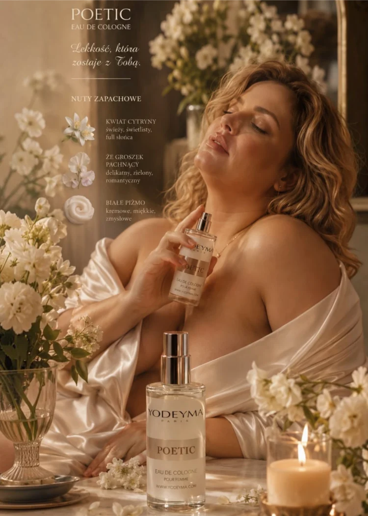 Perfumy Yodeyma Poetic, zbliżenie na butelkę z widocznymi nutami zapachowymi i drugą butelką na pierwszym