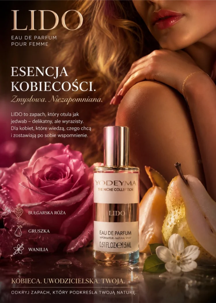 Perfumy Yodeyma Lido, butelka z przodu, etykieta z nazwą, w tle grafika z różą i gruszką.