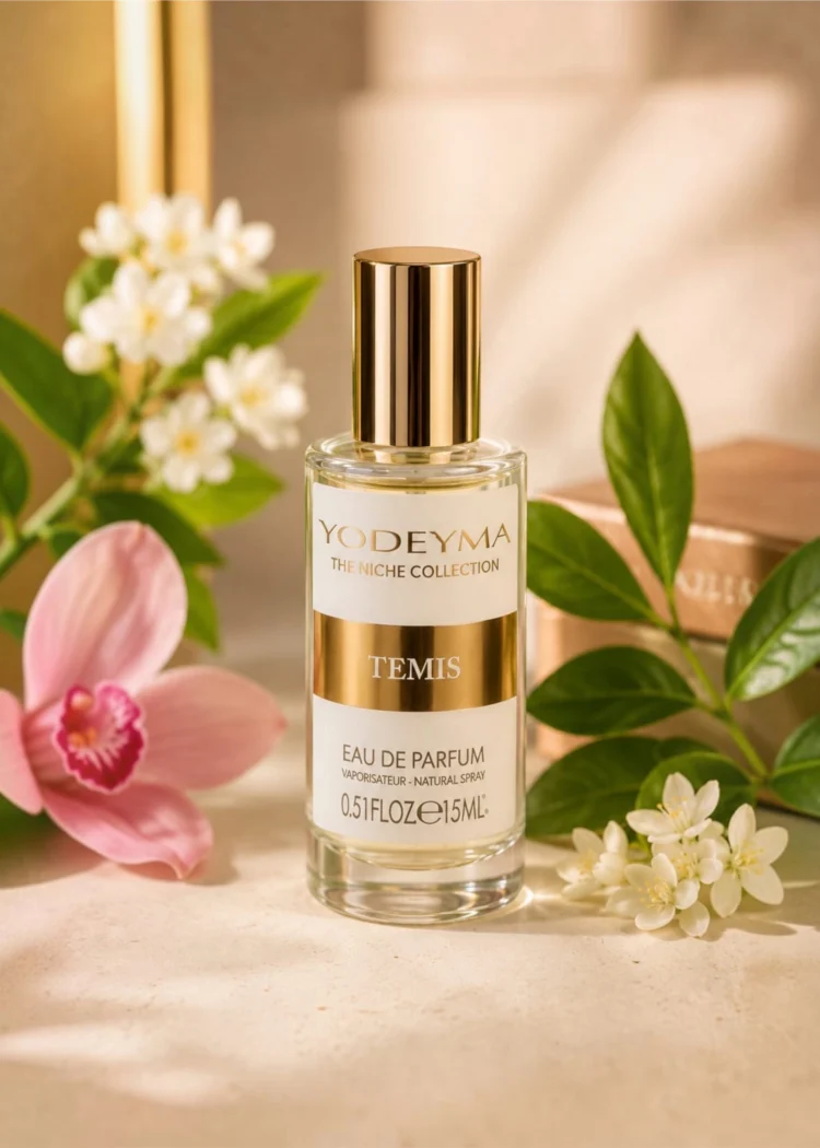 Perfumy Yodeyma Temis, butelka 15 ml z przodu, widoczna złota nakrętka i biała etykieta.