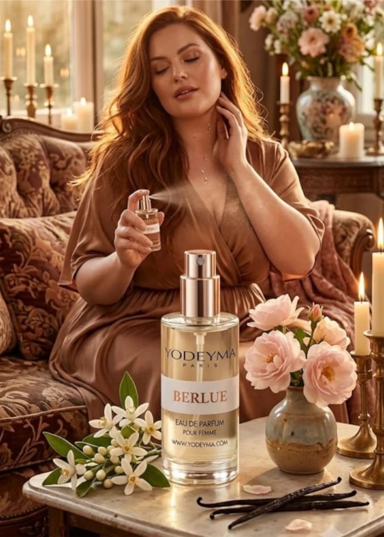 Perfumy Yodeyma Berlue, butelka stojąca na stole, otoczona kwiatami i świecami, z widocznym atomizerem.