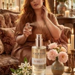 Perfumy Yodeyma Berlue, butelka stojąca na stole, otoczona kwiatami i świecami, z widocznym atomizerem.