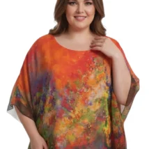 Bluzka Martyna: Bluzka z przodu, eksponująca szerokie rękawy typu kimono i dynamiczny wzór.