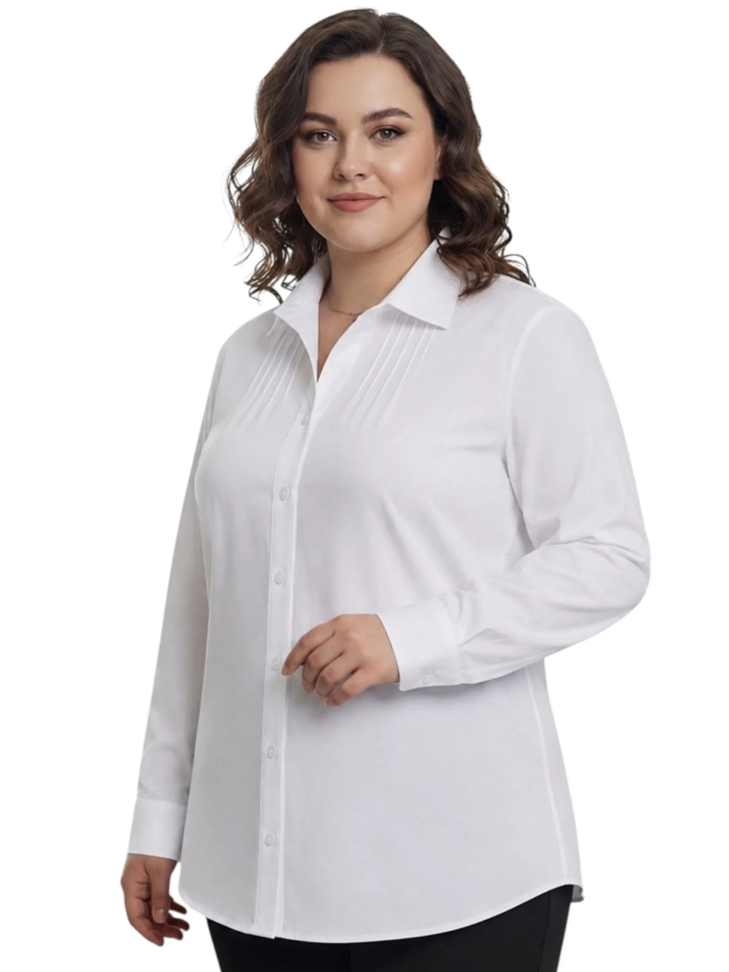 koszula_biala_waleria_plus_size_dlugi_rekaw_xxl Koszula damska Waleria. Biała koszula z przodu, z widocznym kołnierzykiem, plisami i zapięciem na guziki.