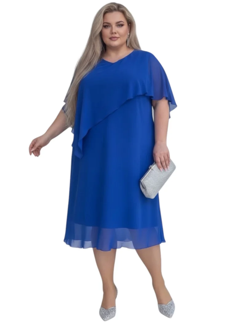 Sukienka chabrowa plus size midi z asymetryczną falbaną