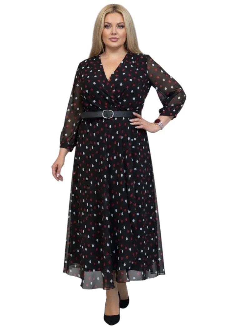 Sukienka kopertowa w groszki z paskiem plus size