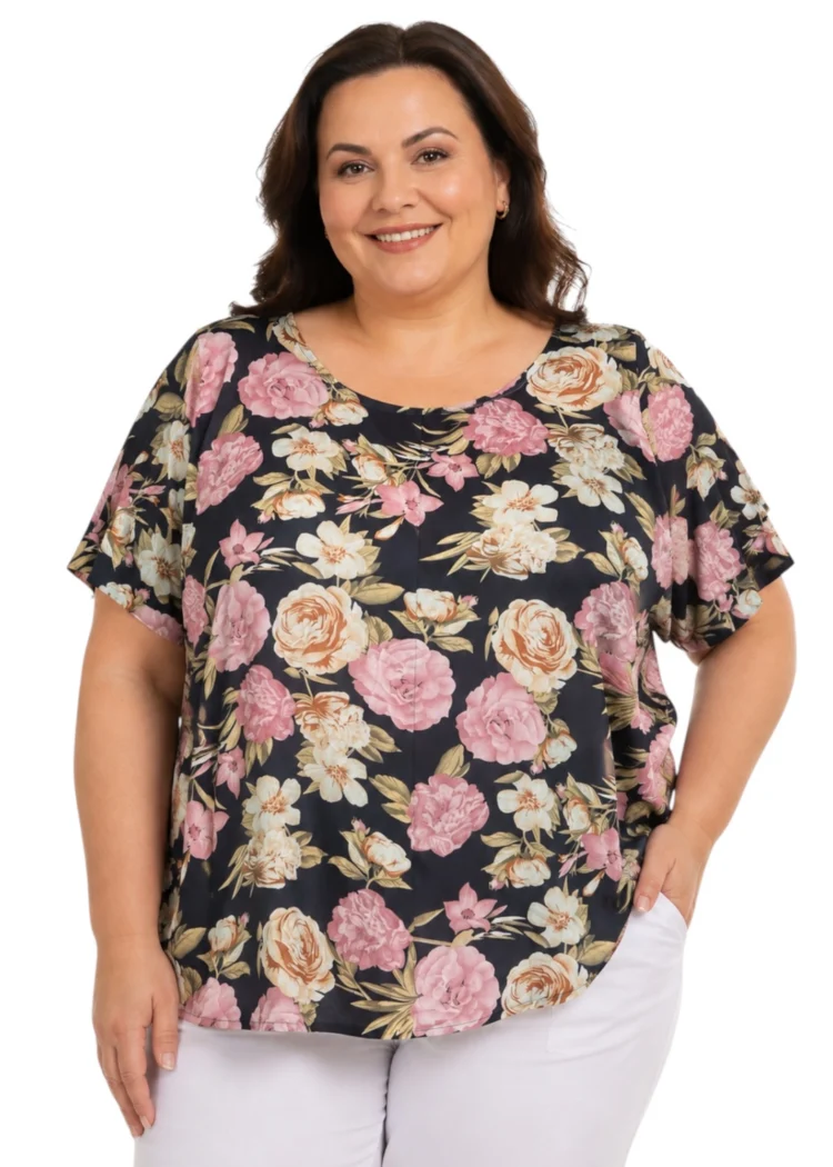 Bluzka kwiatowy wzór krótki rękaw plus size