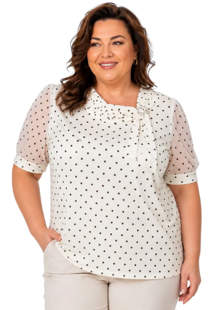 Bluzka ecru w groszki z wiązaniem plus size