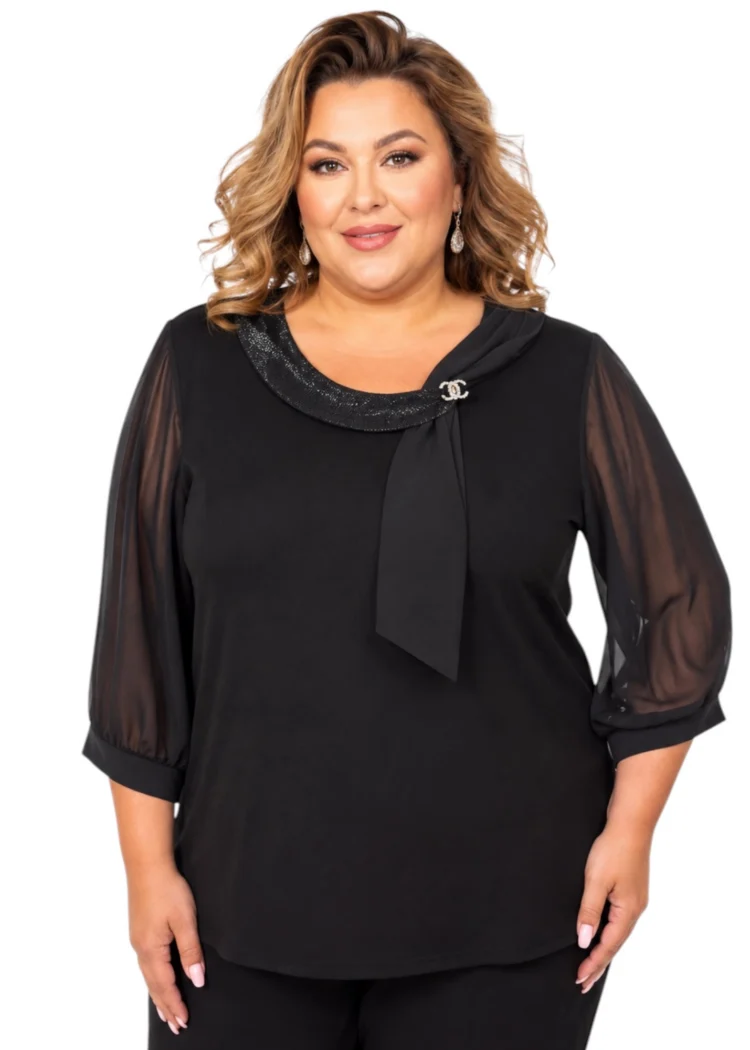 Bluzka z ozdobnym kołnierzem, klamrą i rękawem 3/4 plus size