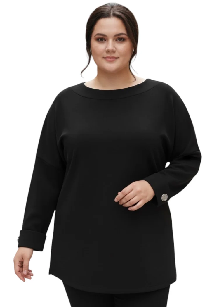 Bluzka czarna z ozdobnymi mankietami i okrągłym dekoltem plus size