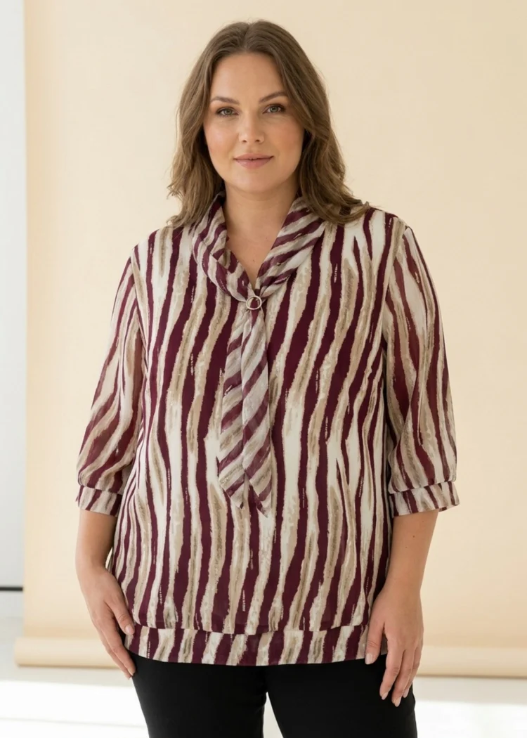 Bluzka damska Elegancka bordowo-beżowa bluzka, ujęcie z przodu, z wyraźnym biżuteryjnym detalem.