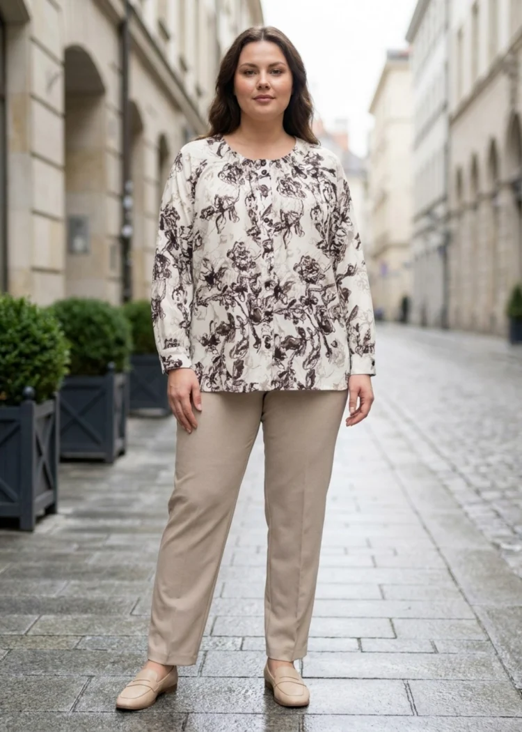 Bluzka koszulowa zapinana na guziki beżowa duże rozmiary