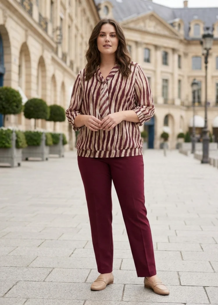 Elegancka bordowo-beżowa bluzka z biżuteryjnym detalem we wzorze