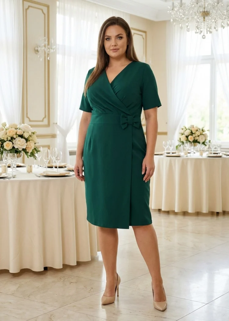 Sukienka kopertowa midi z kokardką na wesele plus size