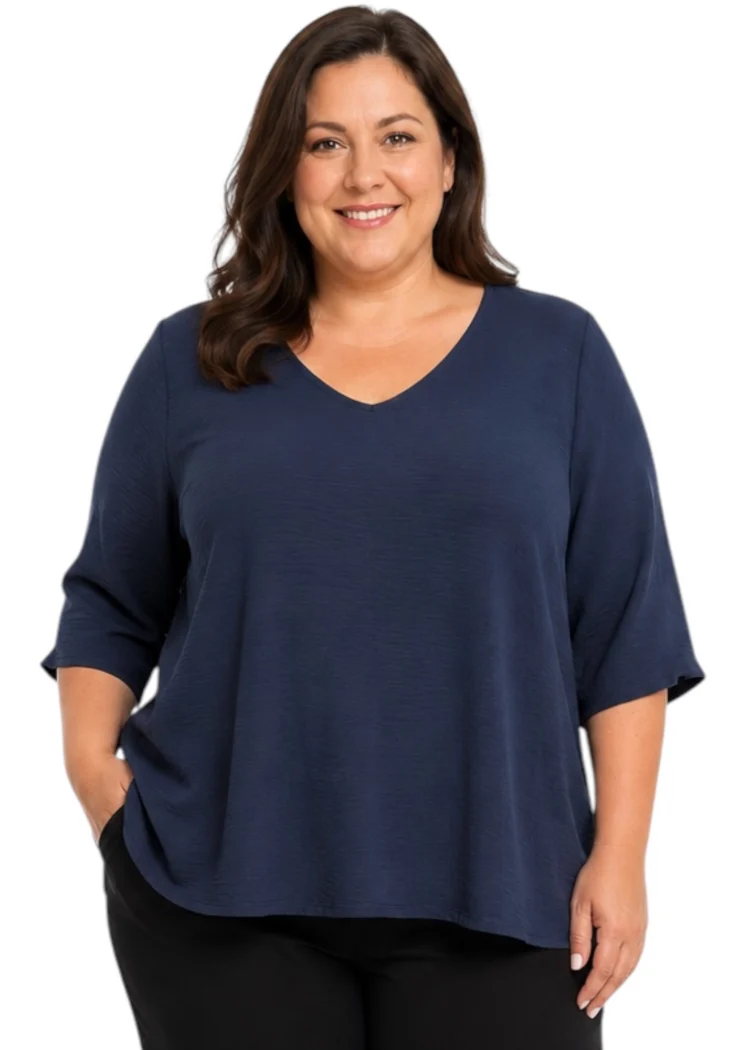 Granatowa bluzka damska gładka rękaw 3/4 plus size