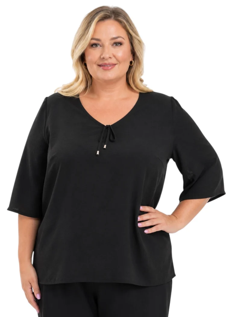 Bluzka elegancka czarna plus size z dekoltem V i wiązaniem