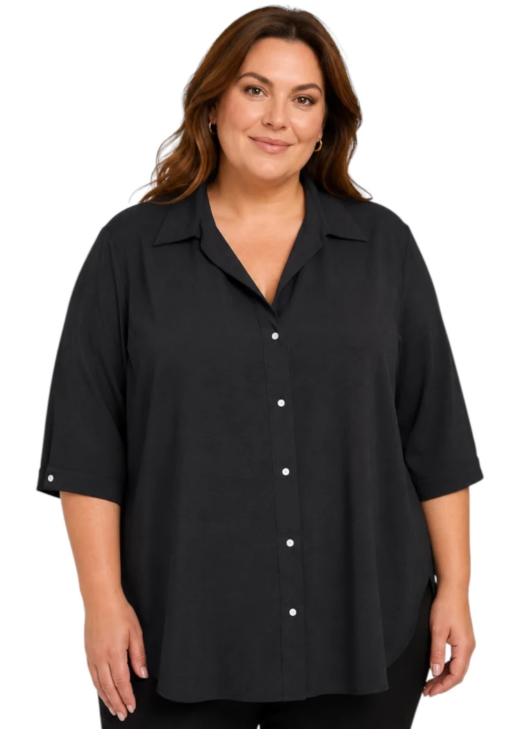 Czarna koszula damska plus size klasyczna z kołnierzem rękaw 3/4