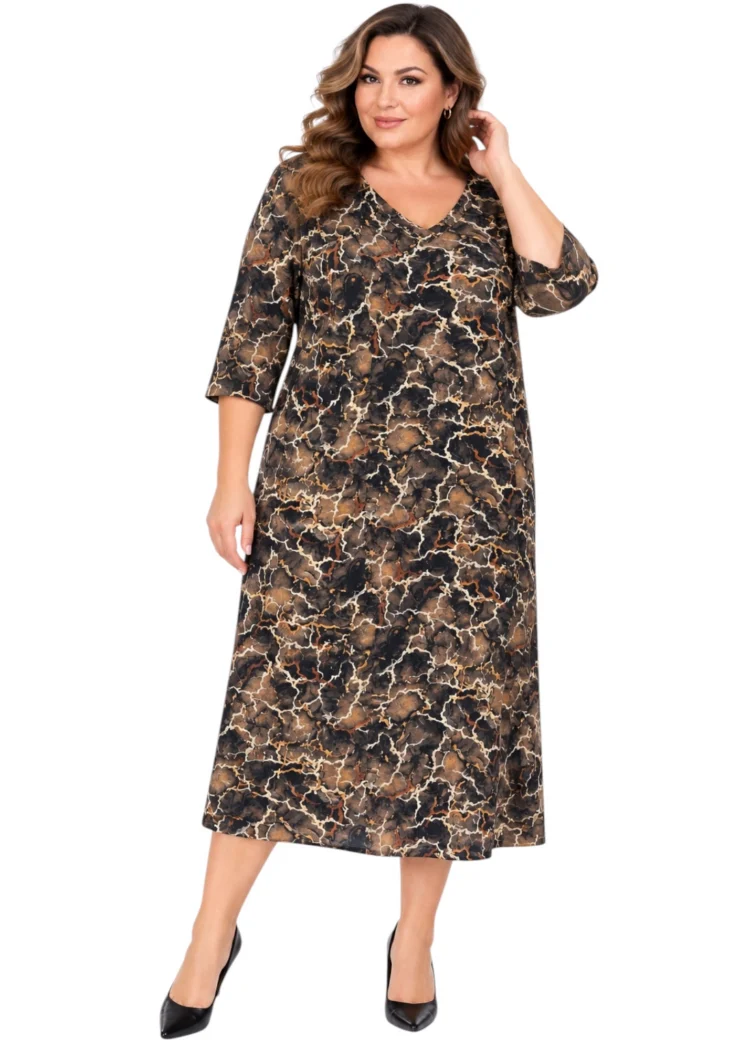 Sukienka brązowa midi marmurkowy wzór plus size