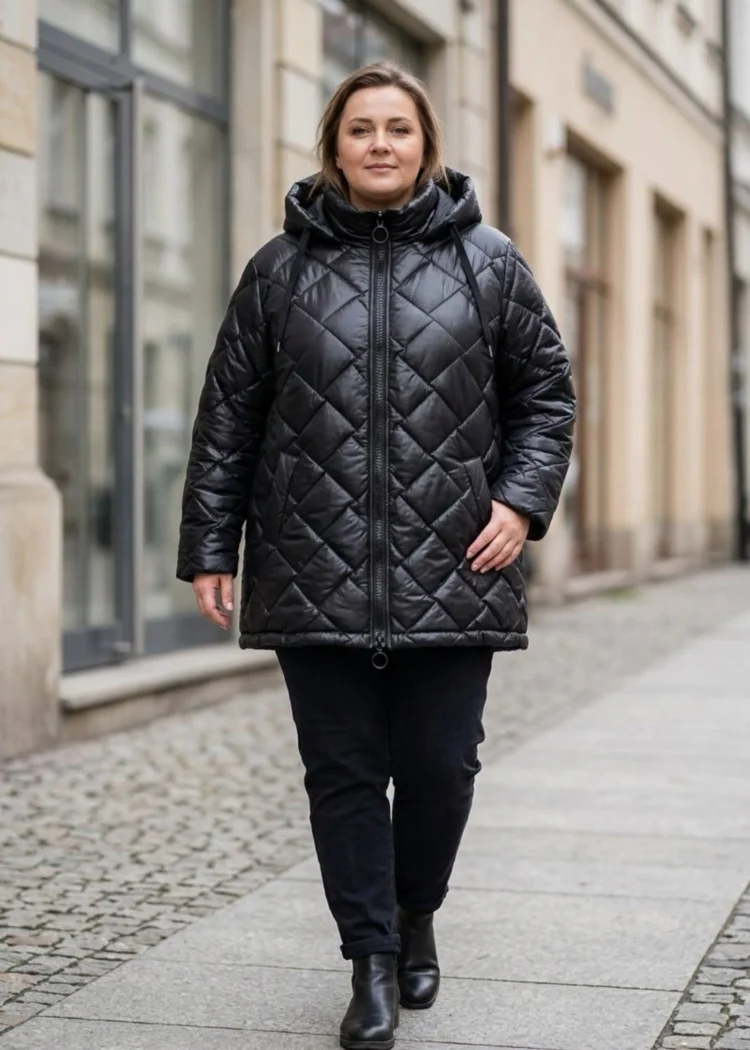 Pikowana kurtka z kapturem, widok z przodu, ukazujący model w ruchu i kontrastowy zamek.