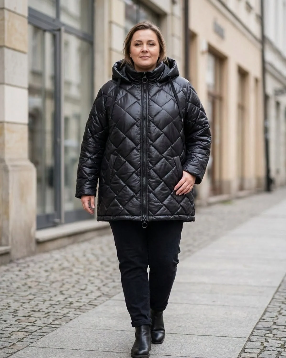pikowana-kurtka-w-duzych-rozmiarach-z-kapturem Pikowana kurtka z kapturem, widok z przodu, ukazujący model w ruchu i kontrastowy zamek.