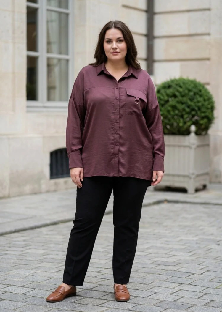 Koszula damska plus size z ozdobną kieszonką, widok z przodu, prezentujący luźny krój i długie rękawy.