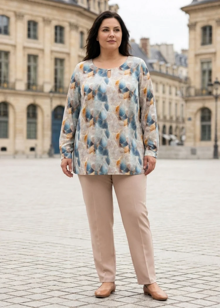 Bluzka damska Elegancka bluzka plus size w niebiesko-złoty wzór, ujęcie frontalne, prezentujące krój.