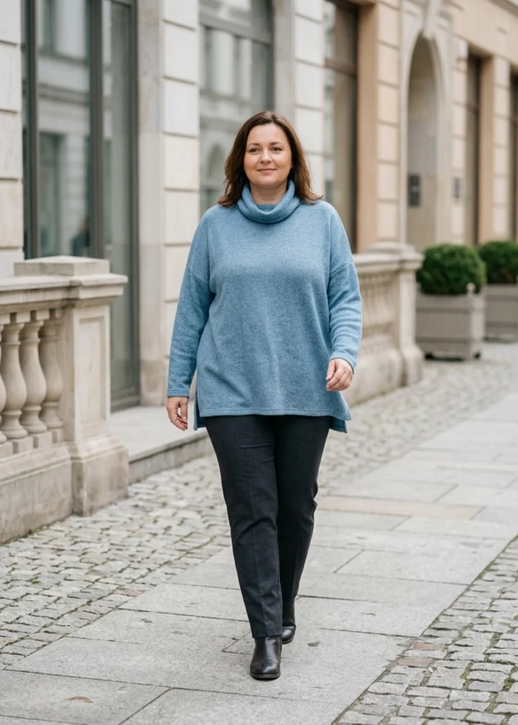 Okrycie wierzchnie damskie Golf dzianinowy plus size, widok z przodu, prezentujący luźny krój i rozcięcia po