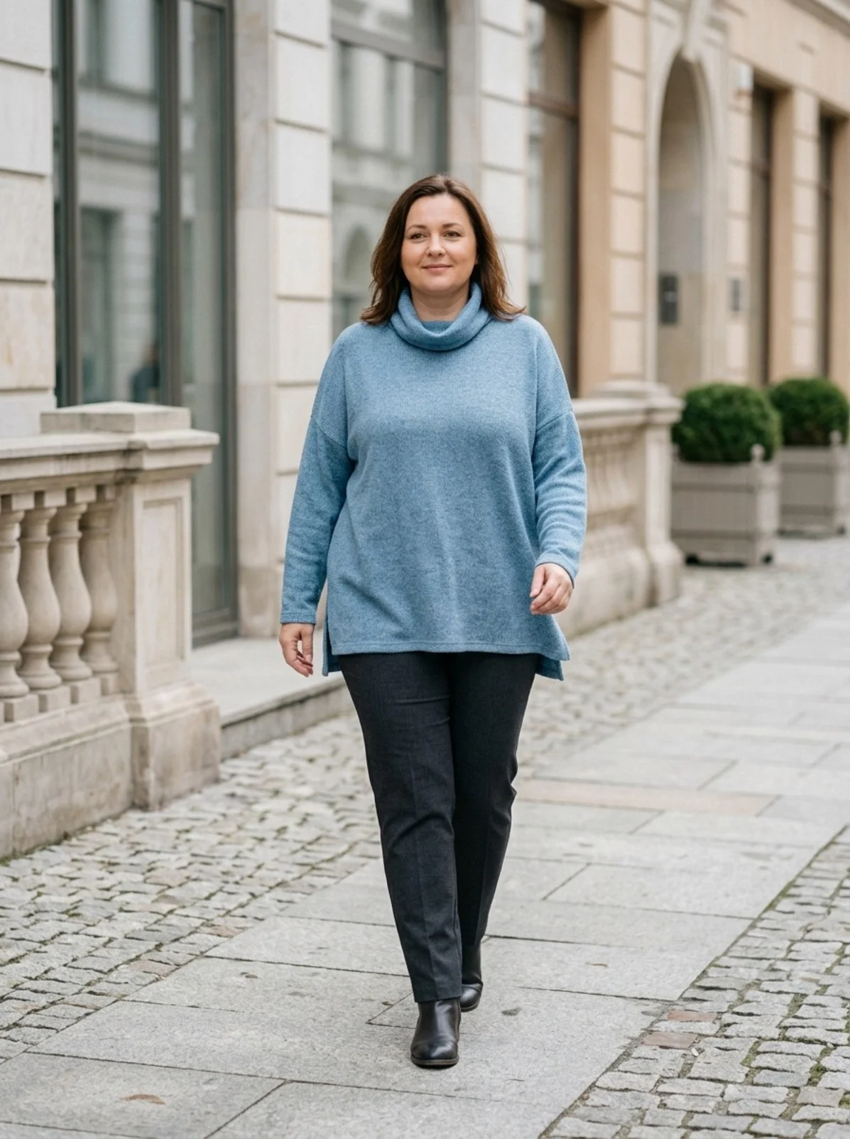 IMG_20261021_143858_987 Okrycie wierzchnie damskie Golf dzianinowy plus size, widok z przodu, prezentujący luźny krój i rozcięcia po