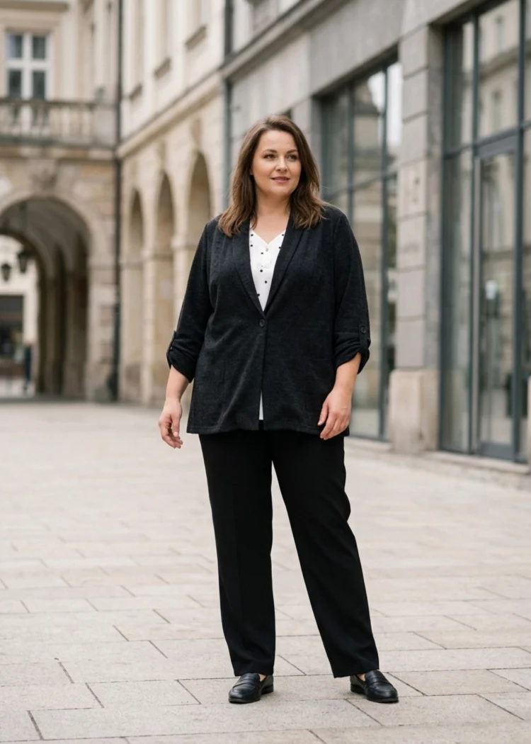 Sweter damski XXL zapinany na guzik, widok z przodu, prezentujący luźny krój i podwinięte rękawy.