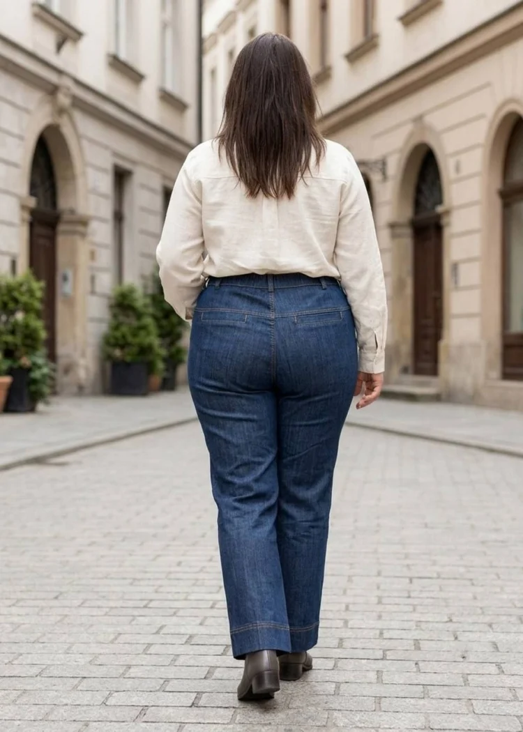 Spodnie jeansowe XXL damskie dzwony, ujęcie z tyłu, ukazujące krój nogawek i ułożenie materiału.