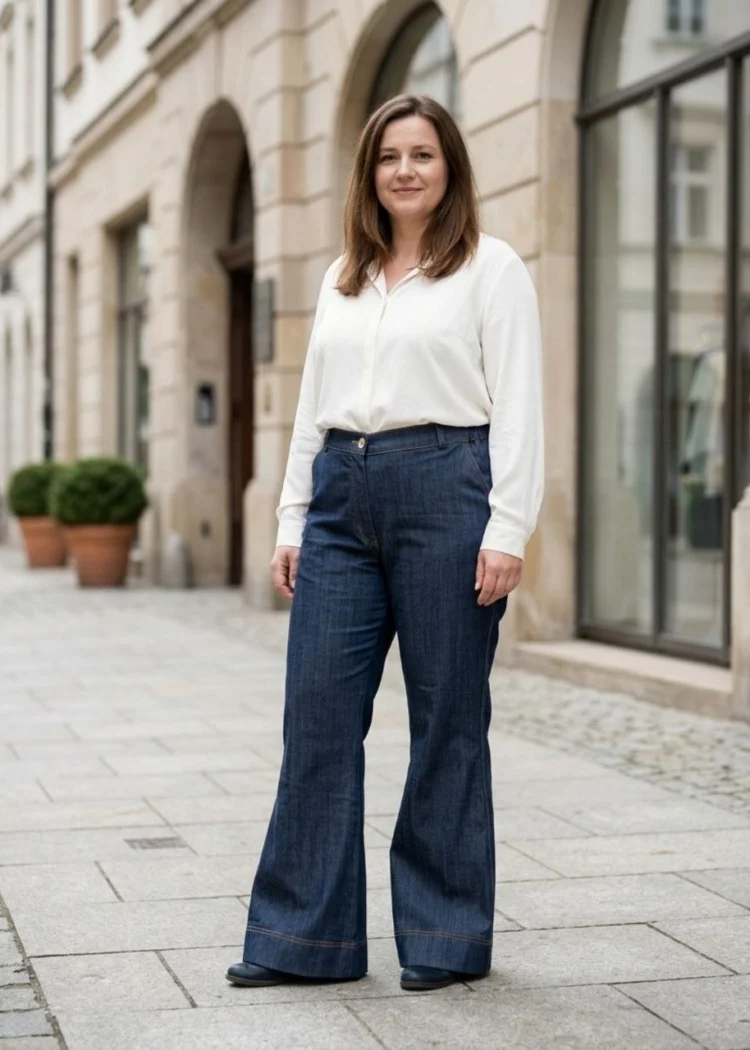 Spodnie jeansowe XXL damskie dzwony, widok z przodu, prezentujące szerokie nogawki i wysoki stan.
