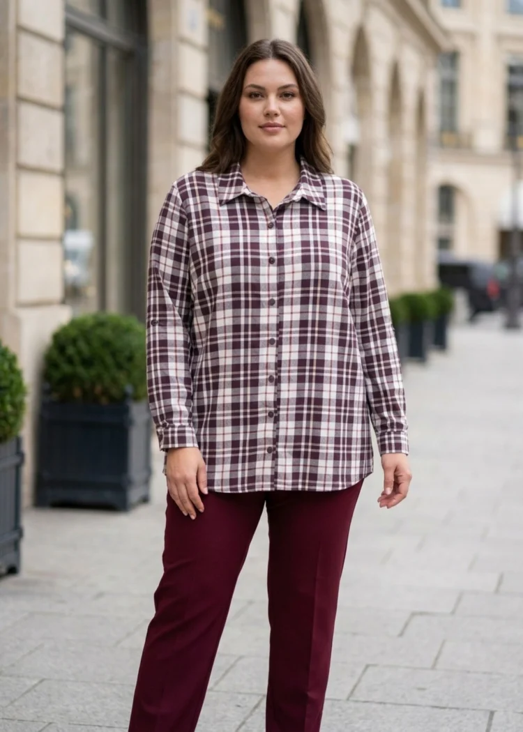 Koszula damska plus size w kratę: widok z przodu, prezentujący całość fasonu i wzoru.
